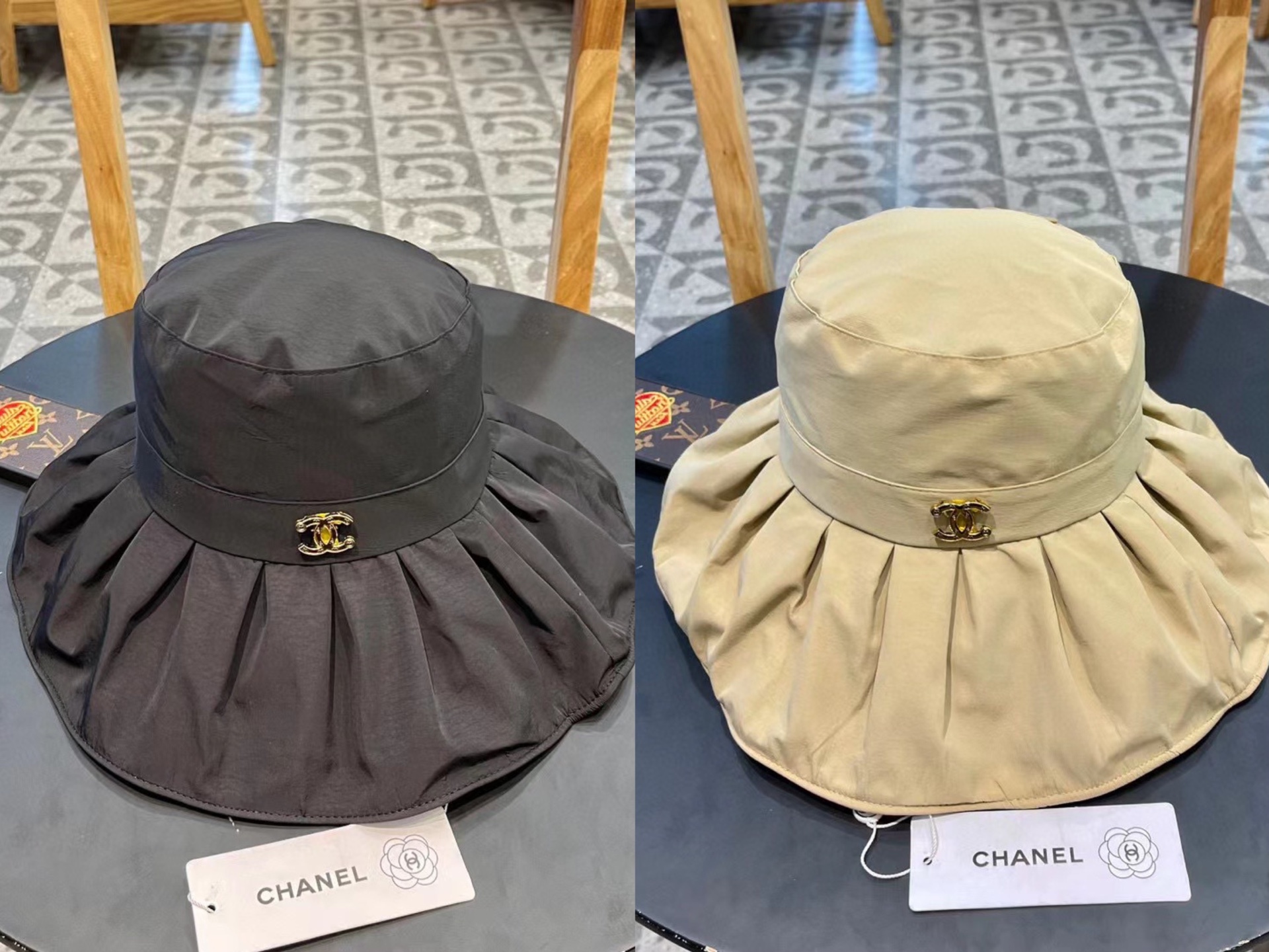   Chanel香奈儿洗水牛仔徽标logo抽绳束带遮阳帽渔夫帽帽子