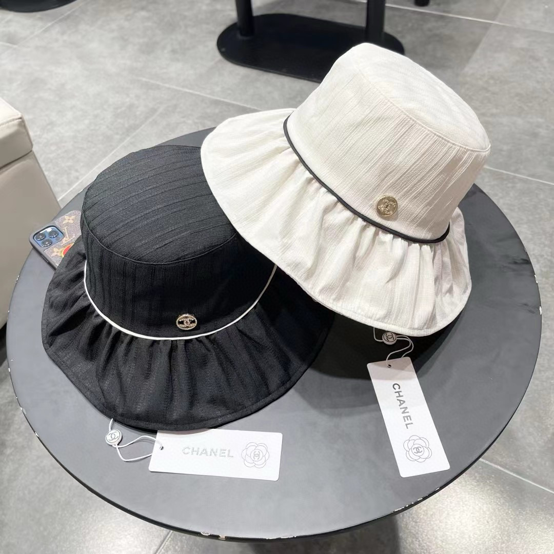  ChaneI香奈儿 渔夫帽女春夏天出游时尚条纹大檐遮阳帽可折叠遮脸防紫外线盆帽潮