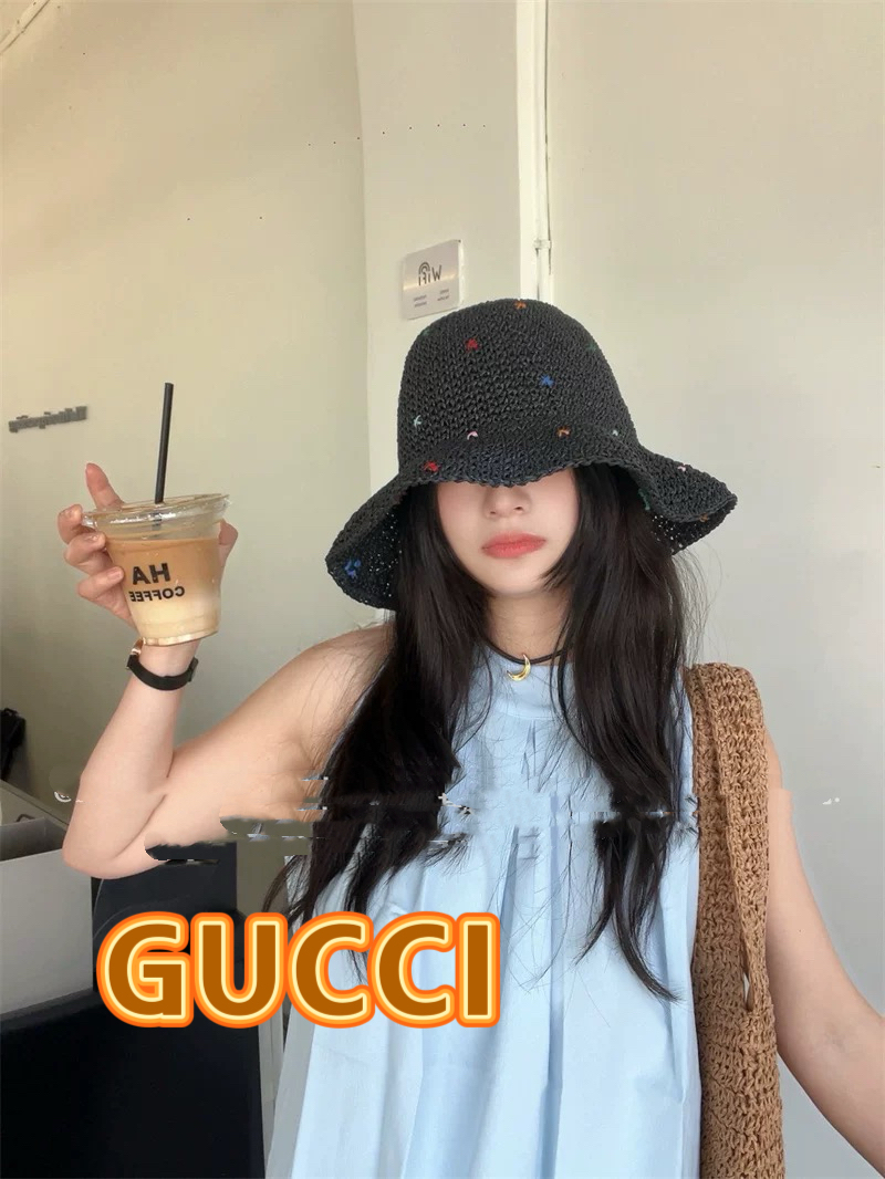  Gucci古奇彩色编织大帽檐草帽女2025年春夏新款大头围显脸小海边遮阳渔夫帽子