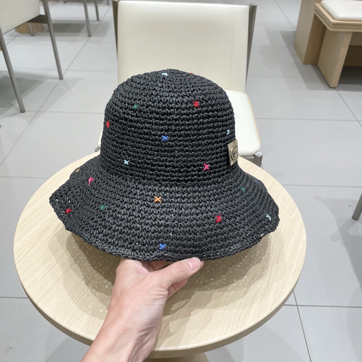  Gucci古奇彩色编织大帽檐草帽女2025年春夏新款大头围显脸小海边遮阳渔夫帽子