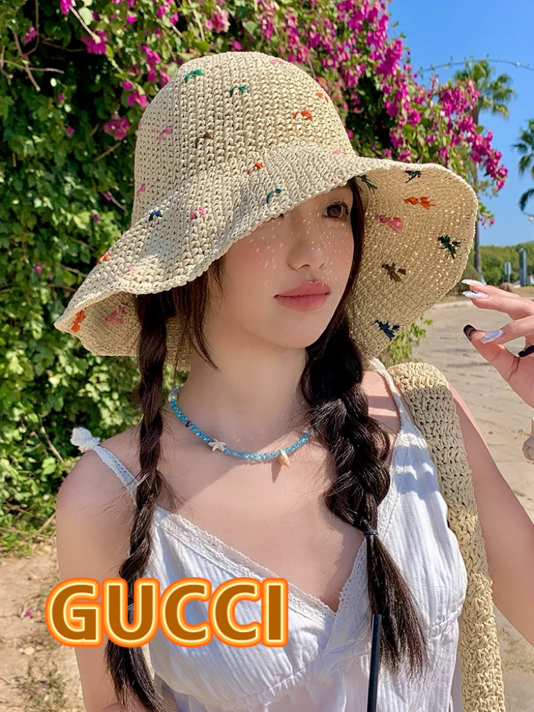  Gucci古奇彩色编织大帽檐草帽女2025年春夏新款大头围显脸小海边遮阳渔夫帽子