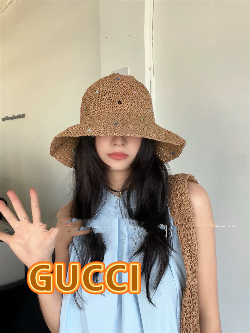  Gucci古奇彩色编织大帽檐草帽女2025年春夏新款大头围显脸小海边遮阳渔夫帽子
