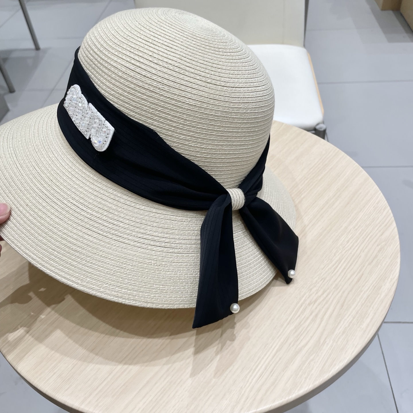 缪缪miumiu简约蝴蝶结大帽檐草帽女夏季海边防晒沙滩帽子可折叠遮阳帽太阳帽