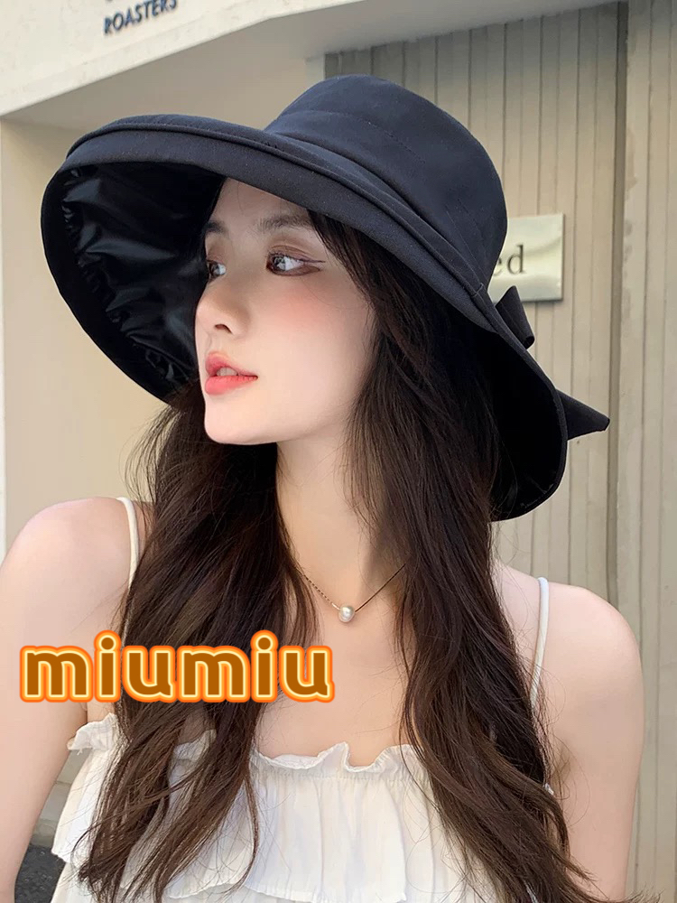  缪缪miumiu渔夫帽子女夏季新款大檐优雅蝴蝶结遮阳帽户外出游遮脸防晒太阳帽