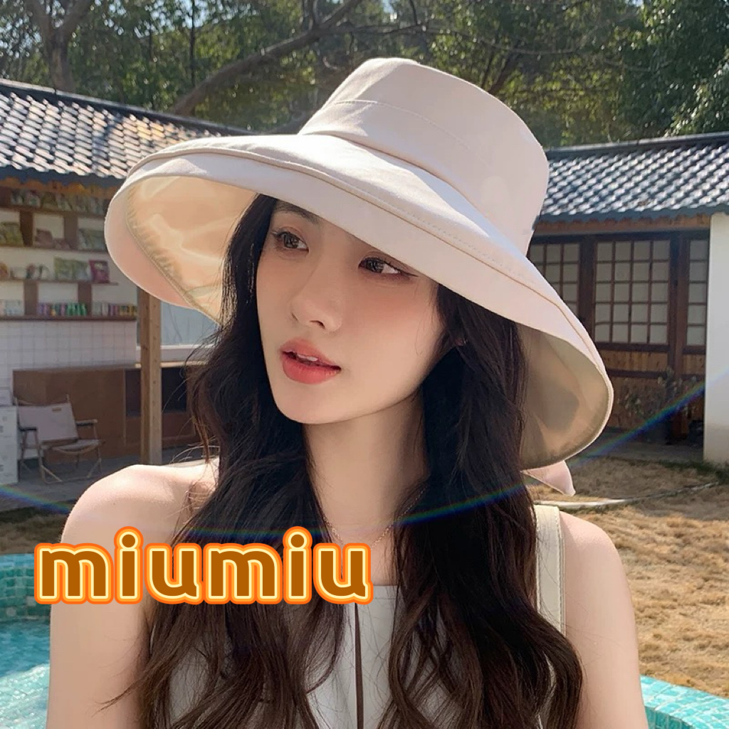  缪缪miumiu渔夫帽子女夏季新款大檐优雅蝴蝶结遮阳帽户外出游遮脸防晒太阳帽