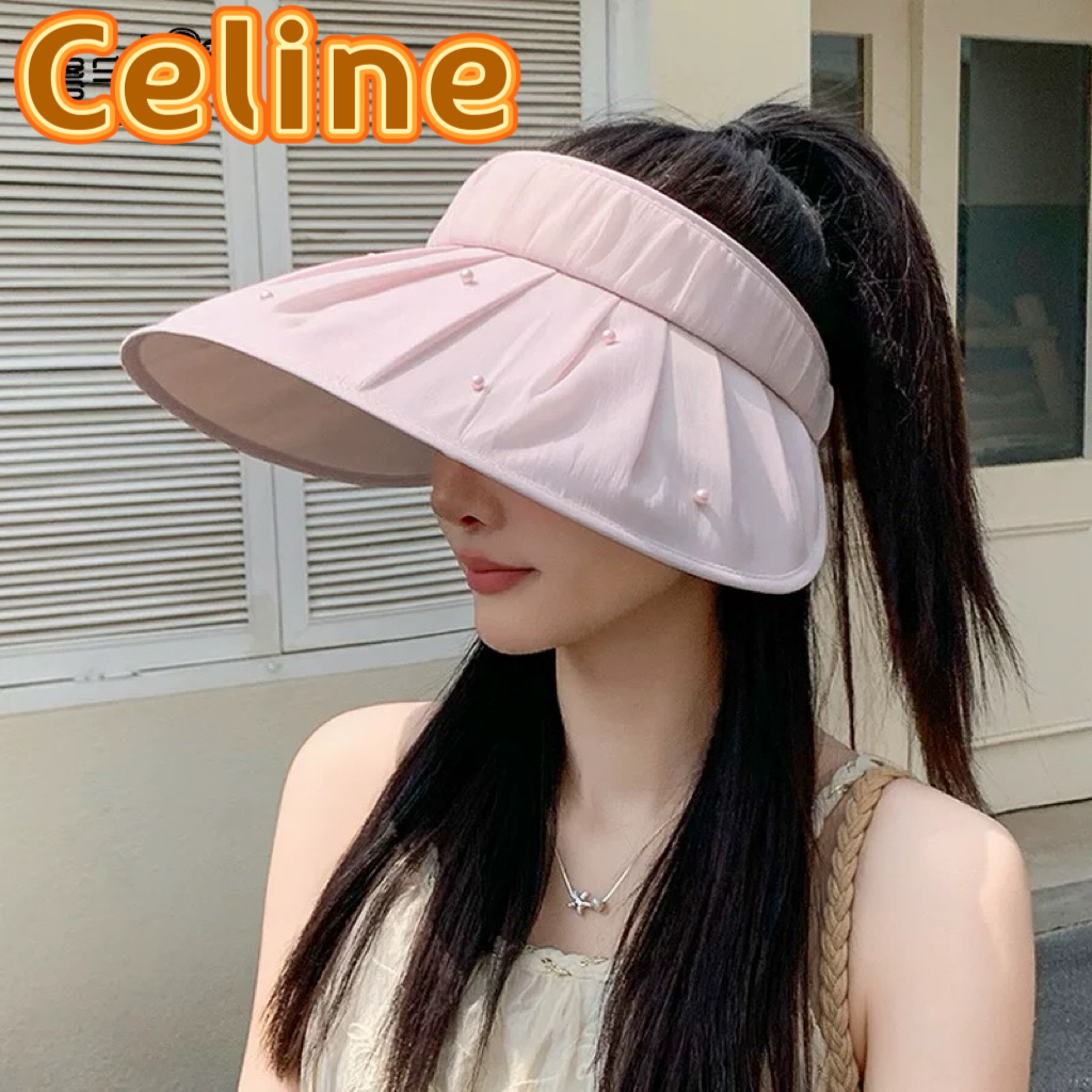 celine塞琳新款夏季防晒遮阳紫外线空顶帽百搭小香风珍珠帽女褶皱大檐太阳帽
