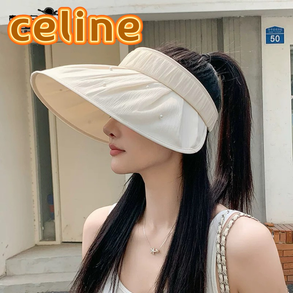 celine塞琳新款夏季防晒遮阳紫外线空顶帽百搭小香风珍珠帽女褶皱大檐太阳帽