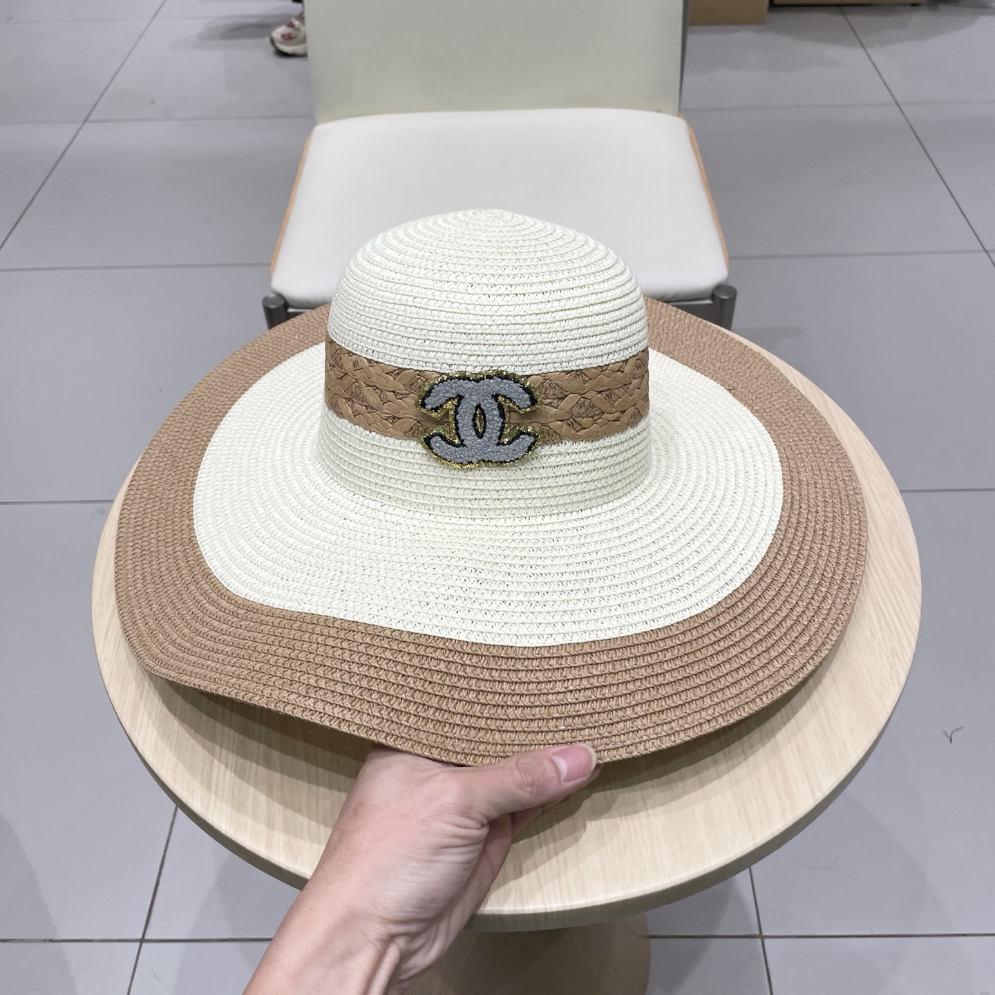 Chanel香奈儿草帽，沙滩大檐帽，拼色草帽，头围57cm