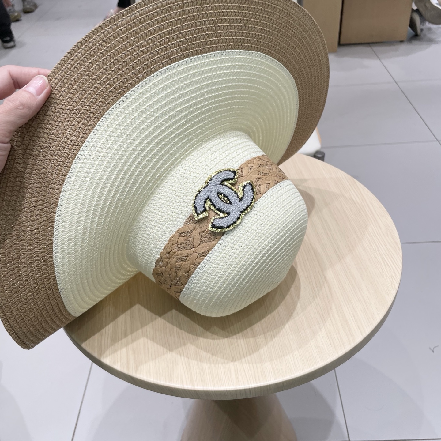 Chanel香奈儿草帽，沙滩大檐帽，拼色草帽，头围57cm