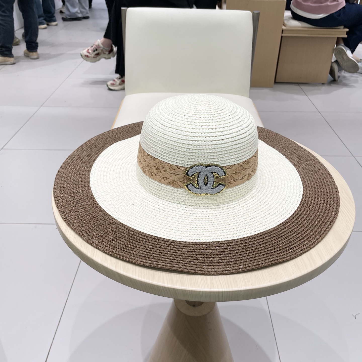 Chanel香奈儿草帽，沙滩大檐帽，拼色草帽，头围57cm