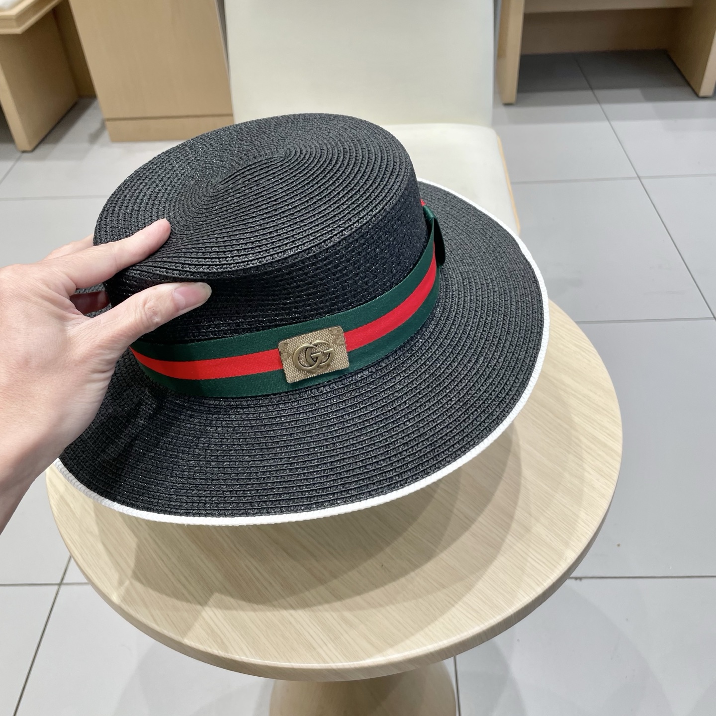  Gucci古奇草帽沙滩帽，平顶草帽，头围57cm