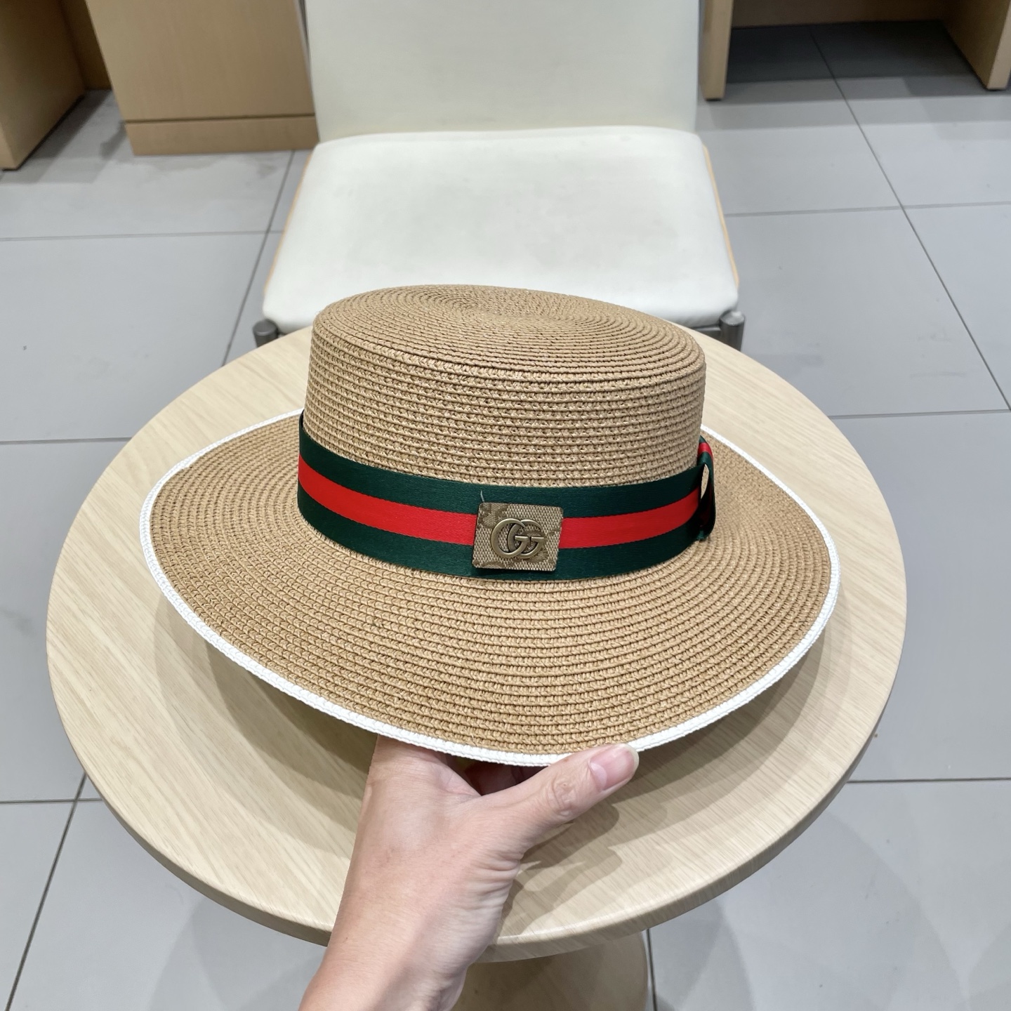  Gucci古奇草帽沙滩帽，平顶草帽，头围57cm