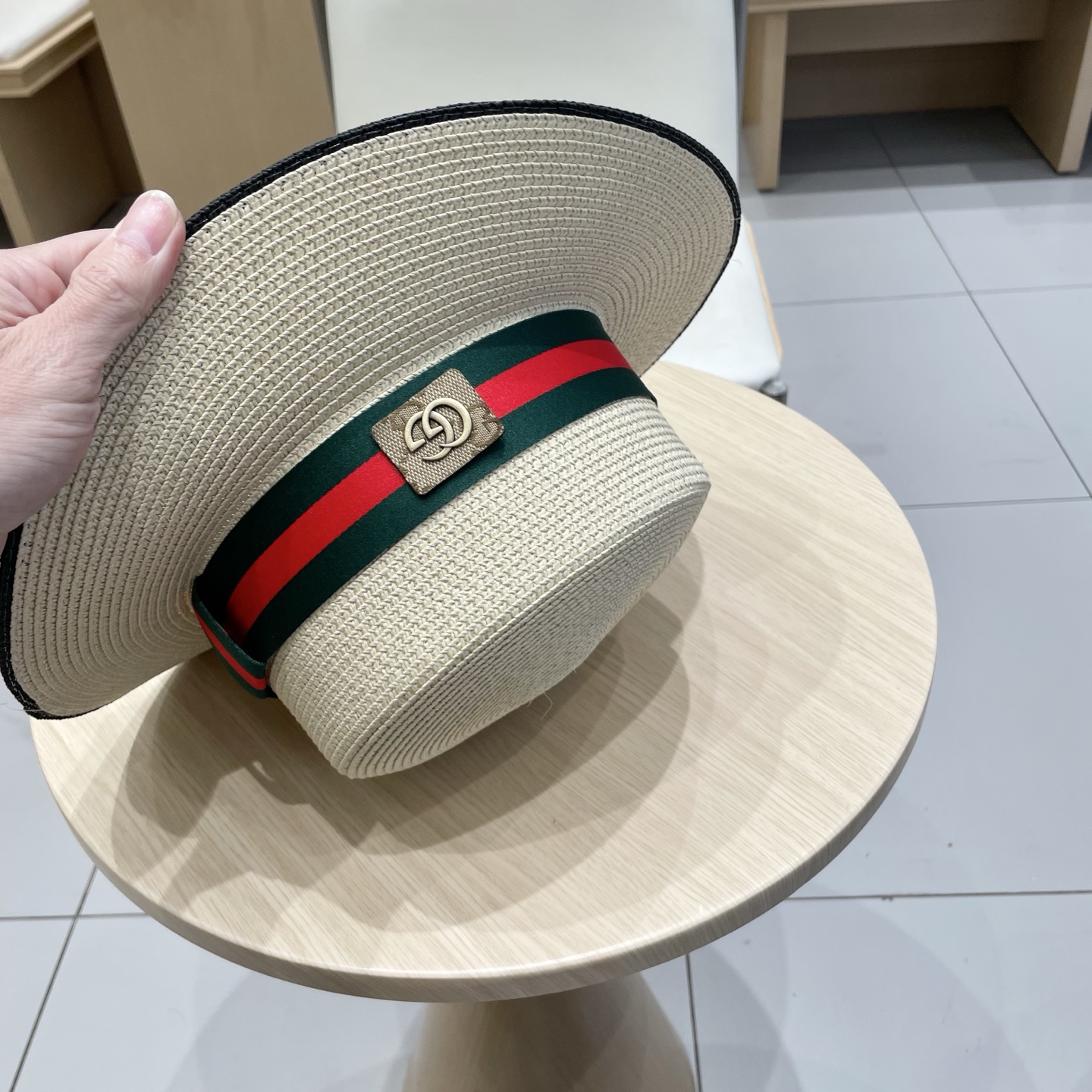  Gucci古奇草帽沙滩帽，平顶草帽，头围57cm