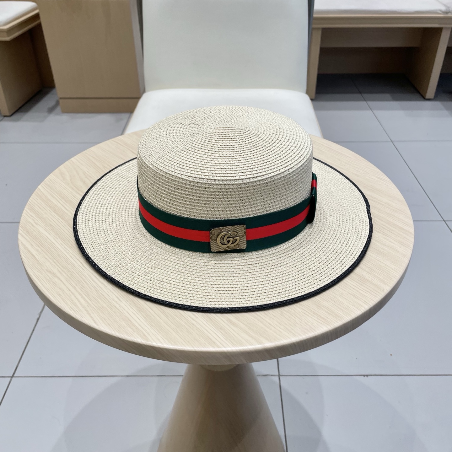  Gucci古奇草帽沙滩帽，平顶草帽，头围57cm