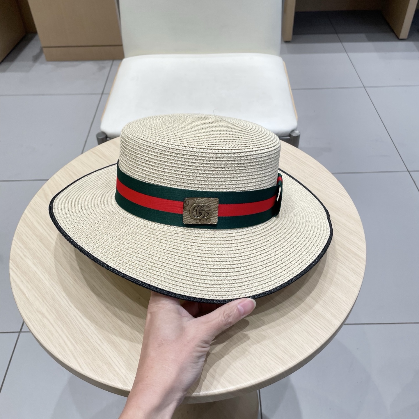  Gucci古奇草帽沙滩帽，平顶草帽，头围57cm