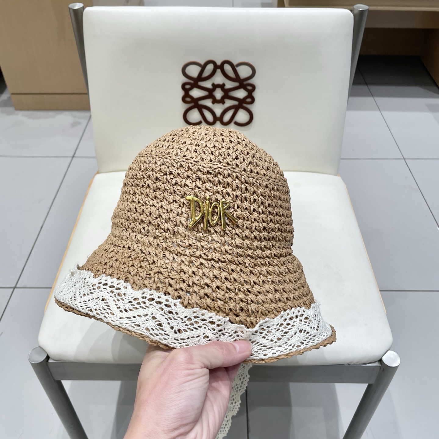  DIOR迪奥法式蕾丝花边遮阳草帽女夏季大帽檐飘带渔夫帽海边可折叠太阳帽子