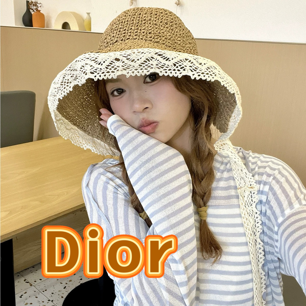  DIOR迪奥法式蕾丝花边遮阳草帽女夏季大帽檐飘带渔夫帽海边可折叠太阳帽子