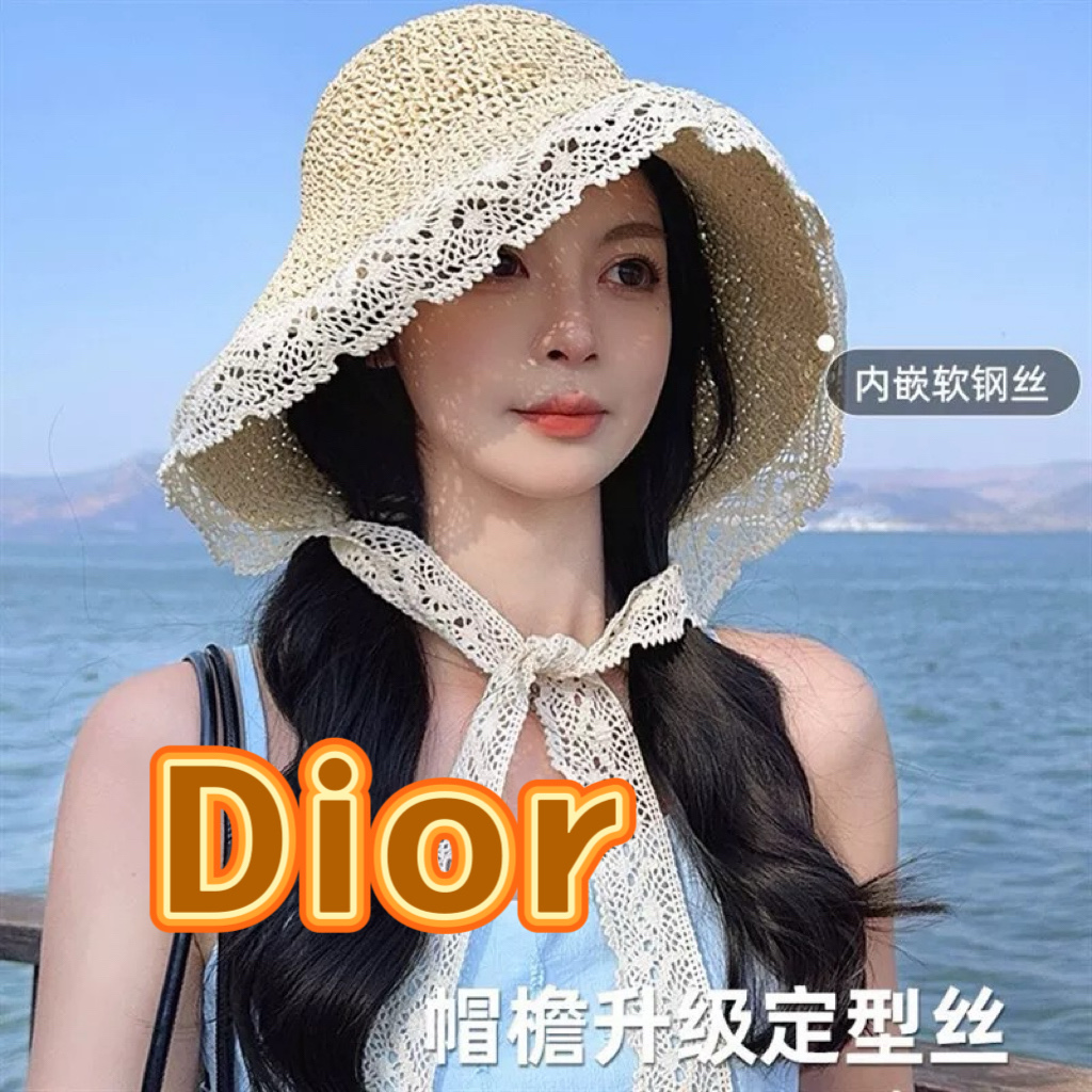  DIOR迪奥法式蕾丝花边遮阳草帽女夏季大帽檐飘带渔夫帽海边可折叠太阳帽子