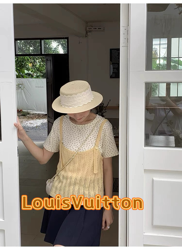  lv路易威登发财宅女同款帽子平顶礼帽海边度假遮阳防晒帽蕾丝法式编织草帽夏