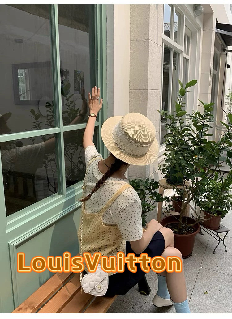  lv路易威登发财宅女同款帽子平顶礼帽海边度假遮阳防晒帽蕾丝法式编织草帽夏