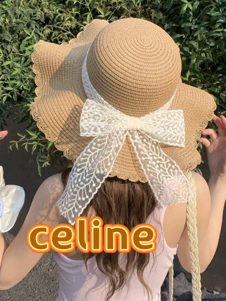  celine塞琳蕾丝蝴蝶结草帽女夏季甜美出游海边度假太阳帽大檐防晒遮阳帽