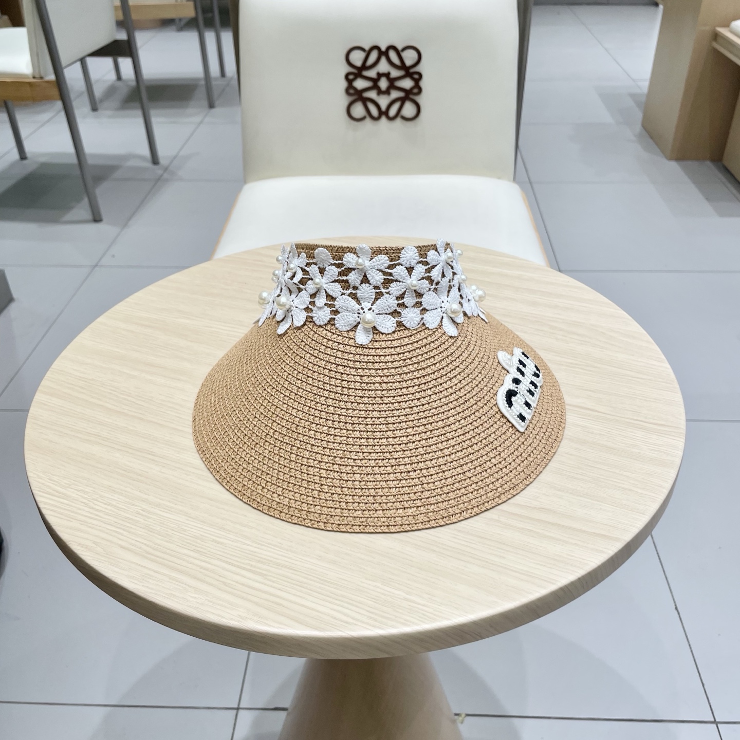 缪缪miumiu女夏天珍珠帽子空顶草帽女新款防晒春夏季度假沙滩新款无顶遮阳帽