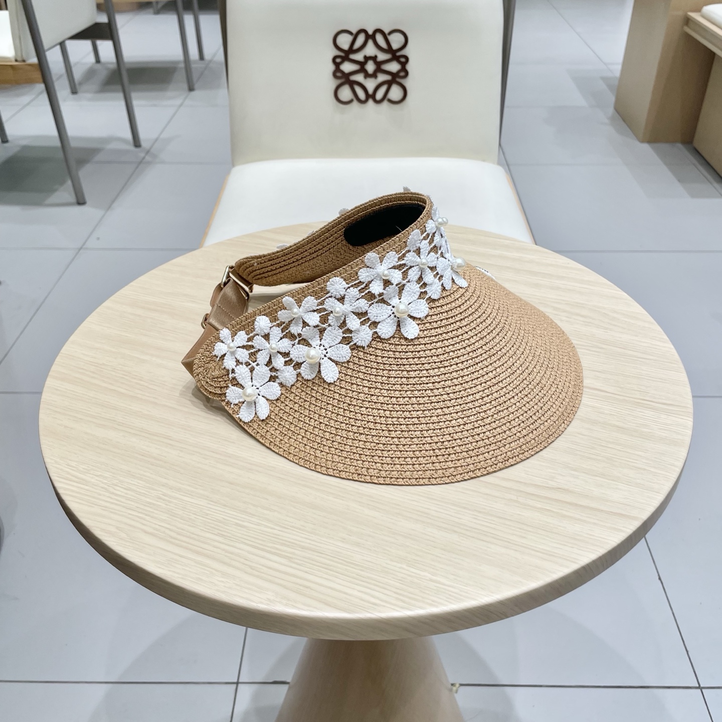 缪缪miumiu女夏天珍珠帽子空顶草帽女新款防晒春夏季度假沙滩新款无顶遮阳帽