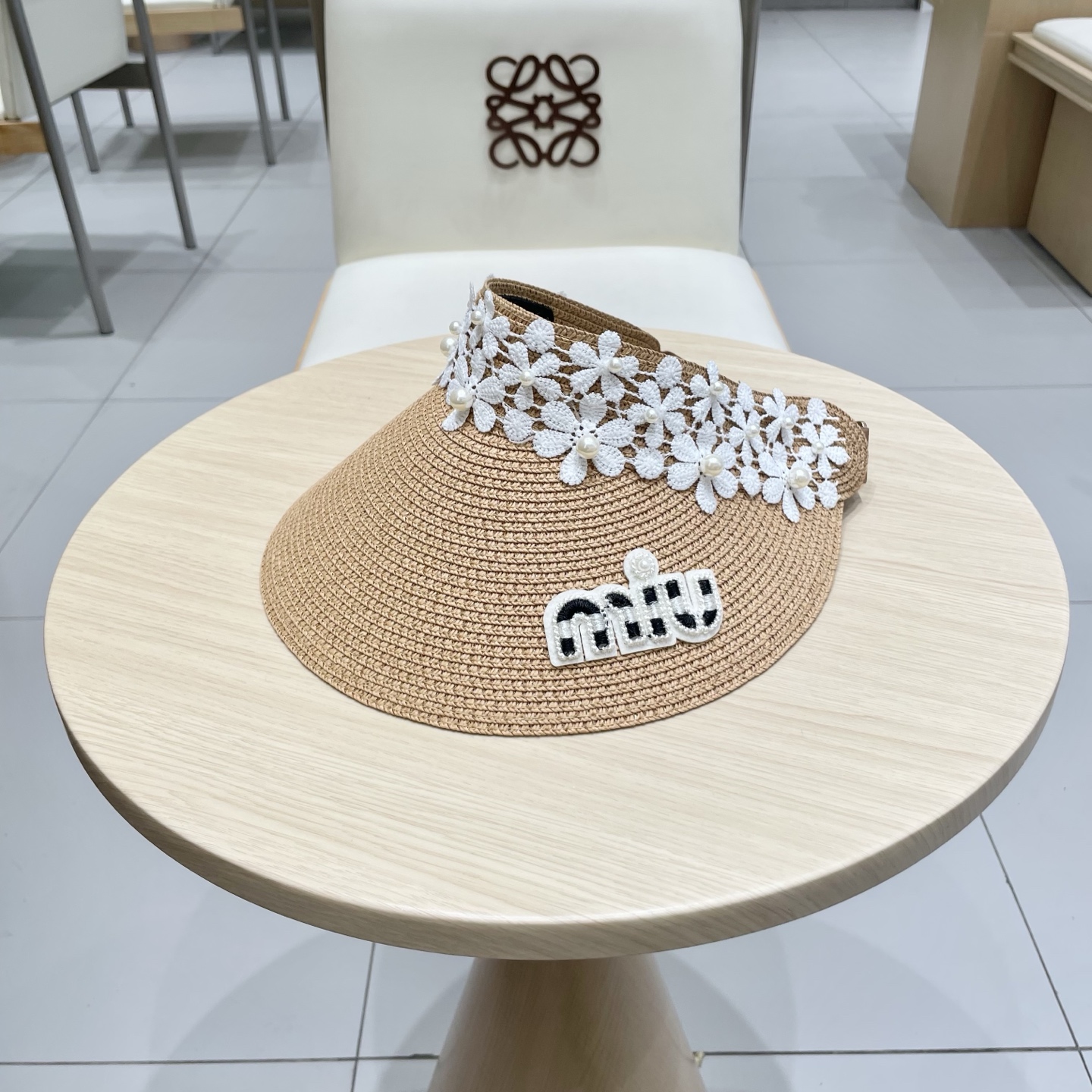 缪缪miumiu女夏天珍珠帽子空顶草帽女新款防晒春夏季度假沙滩新款无顶遮阳帽
