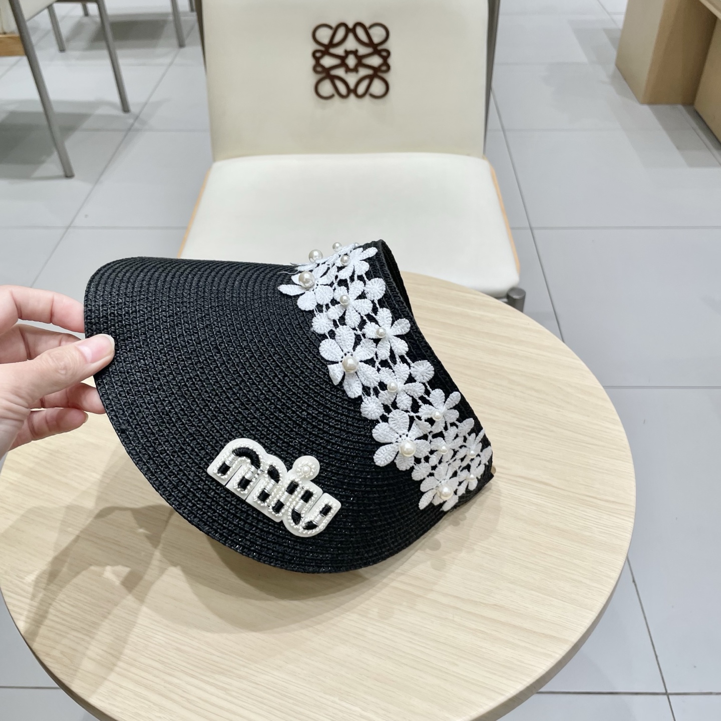 缪缪miumiu女夏天珍珠帽子空顶草帽女新款防晒春夏季度假沙滩新款无顶遮阳帽