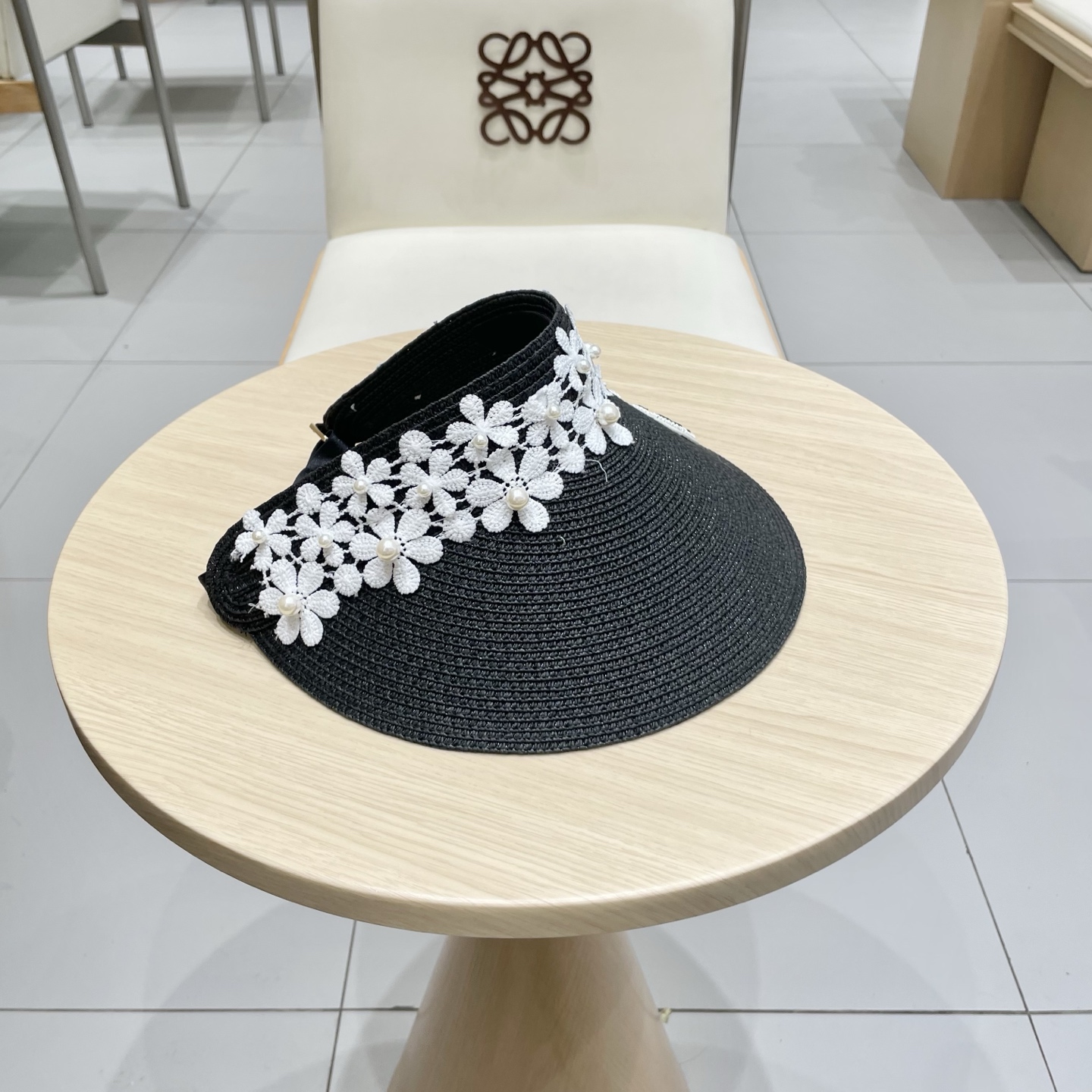 缪缪miumiu女夏天珍珠帽子空顶草帽女新款防晒春夏季度假沙滩新款无顶遮阳帽