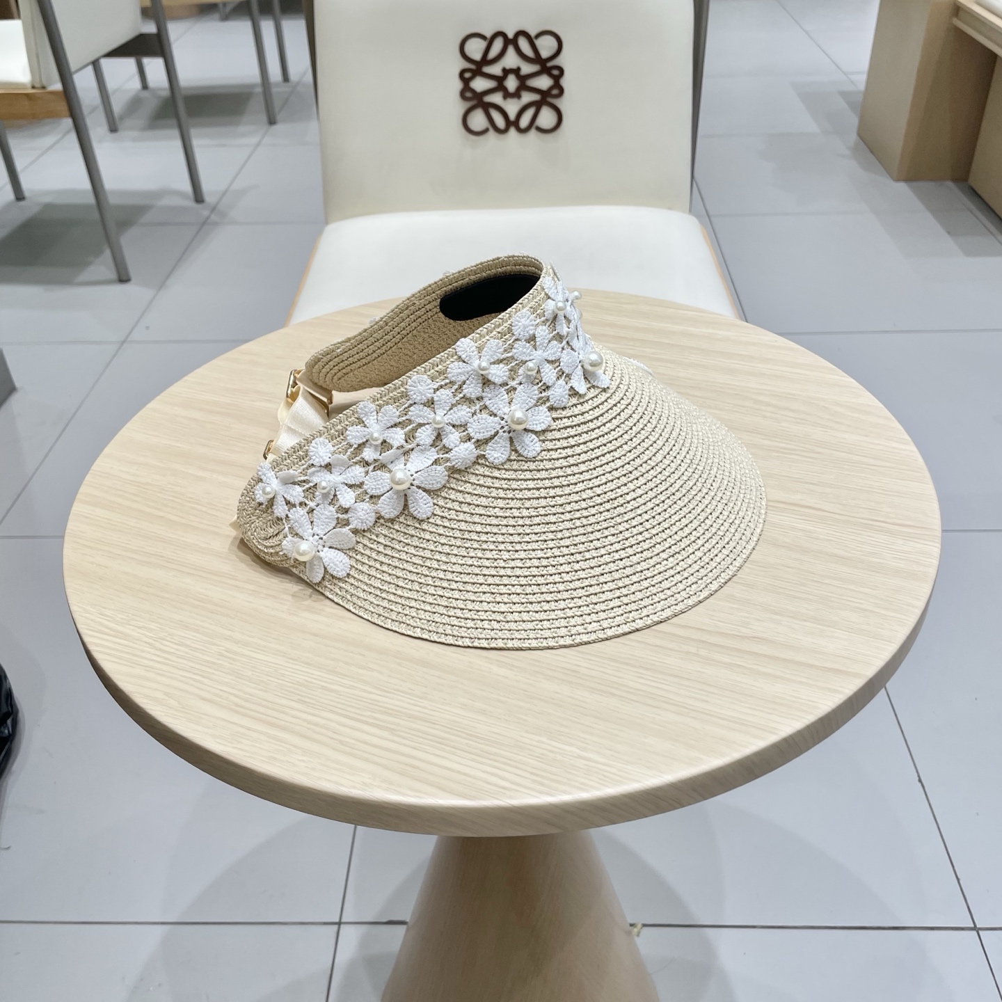 缪缪miumiu女夏天珍珠帽子空顶草帽女新款防晒春夏季度假沙滩新款无顶遮阳帽