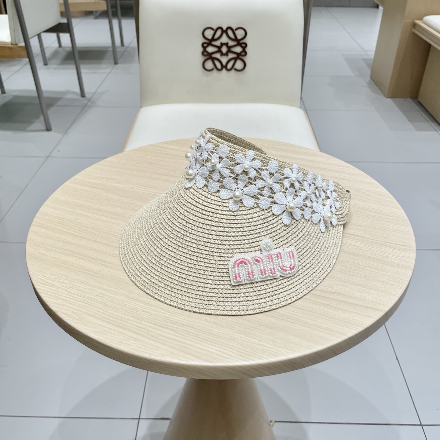 缪缪miumiu女夏天珍珠帽子空顶草帽女新款防晒春夏季度假沙滩新款无顶遮阳帽