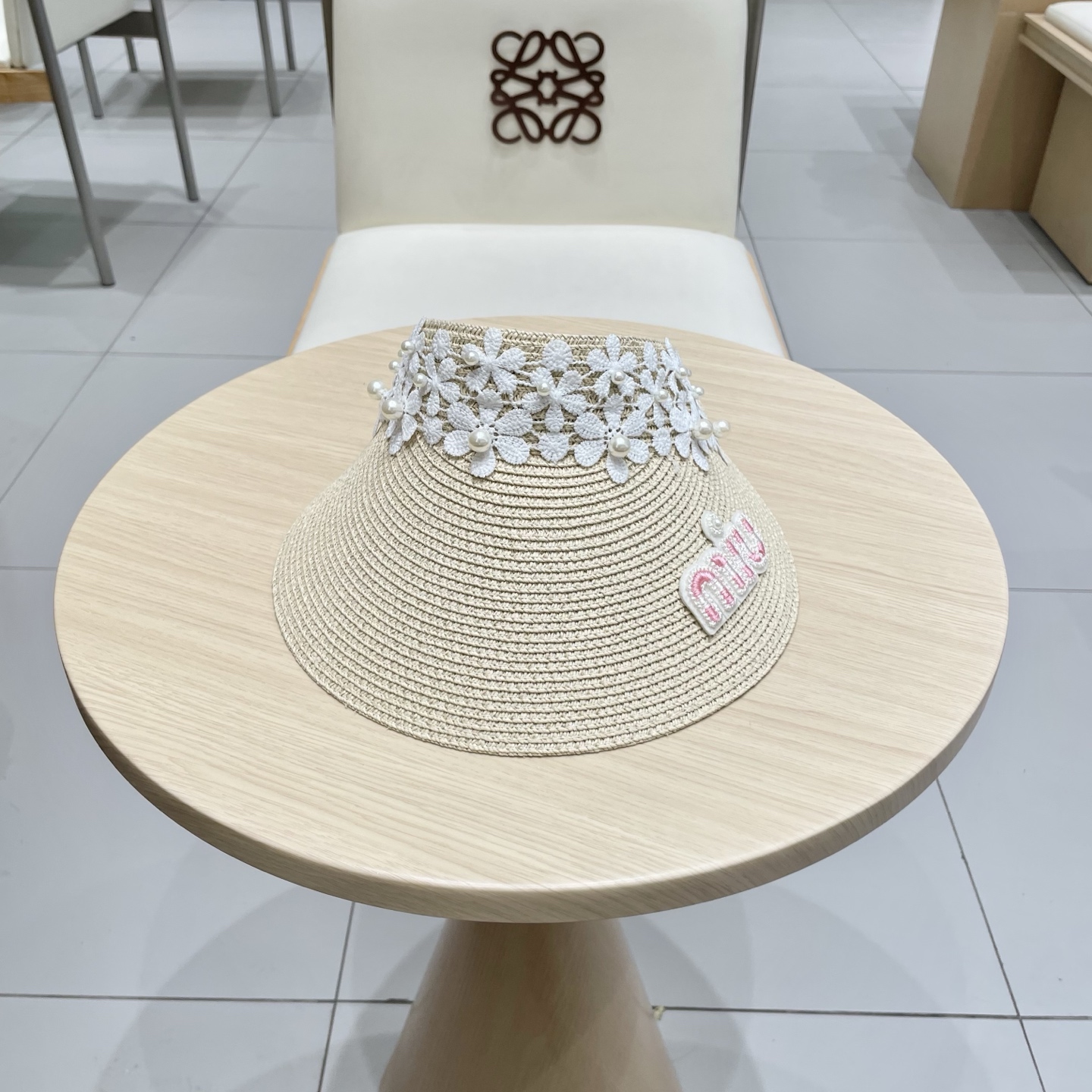 缪缪miumiu女夏天珍珠帽子空顶草帽女新款防晒春夏季度假沙滩新款无顶遮阳帽