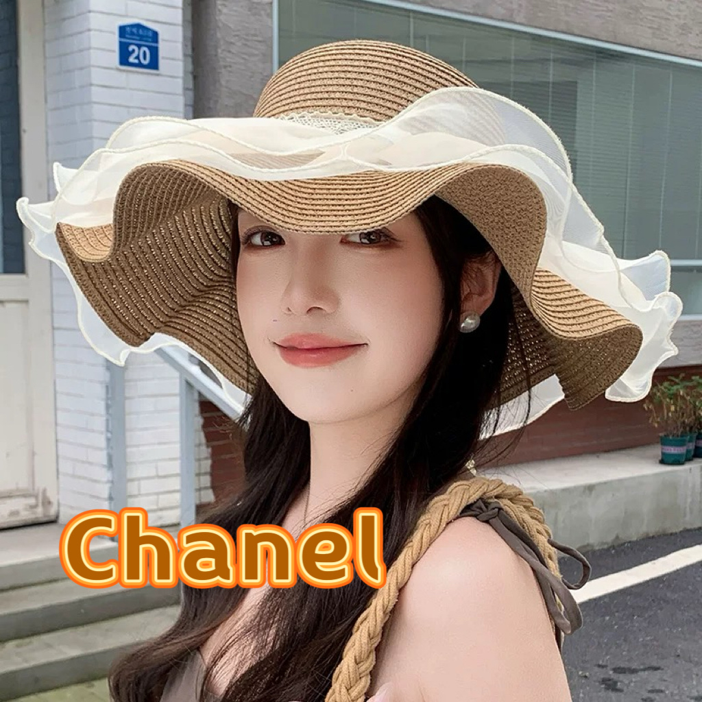 Chanel香奈儿新款纯色网纱遮阳帽户外海边度假防晒帽蕾丝飘带草帽太阳帽女