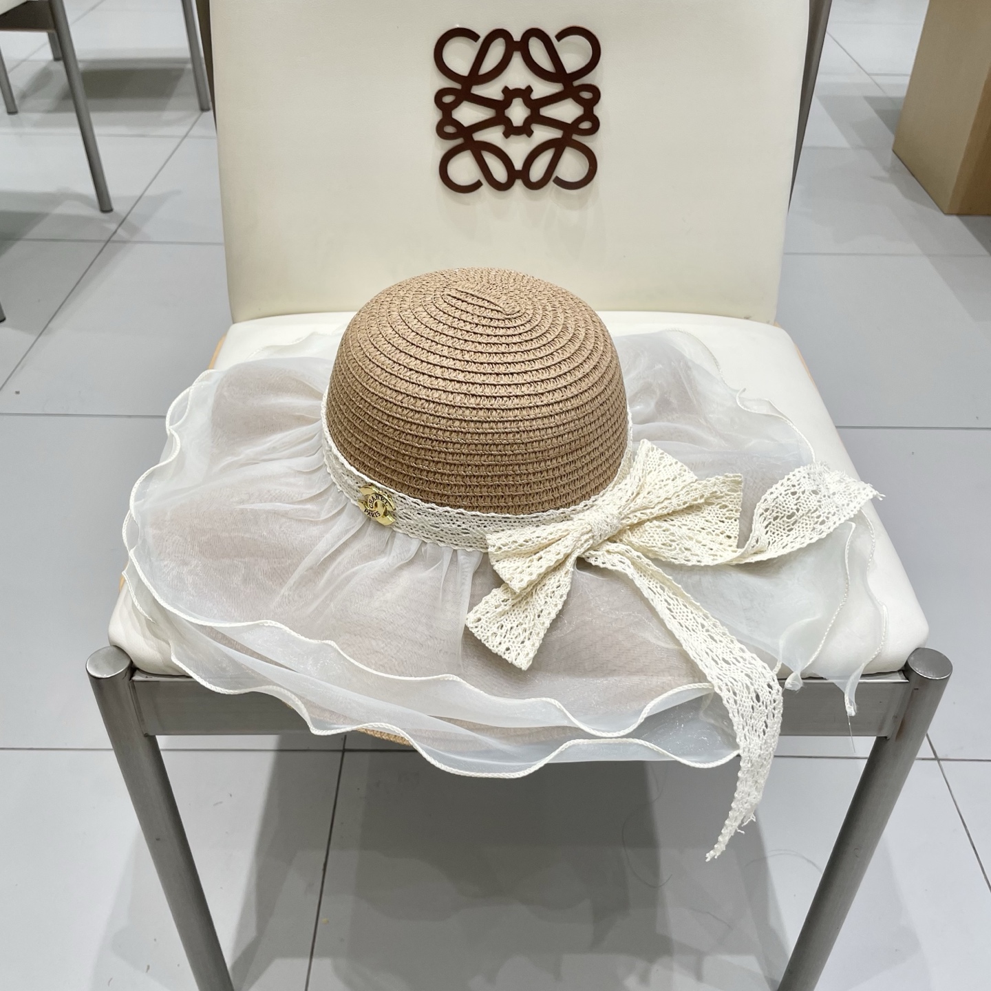  Chanel香奈儿新款纯色网纱遮阳帽户外海边度假防晒帽蕾丝飘带草帽太阳帽女