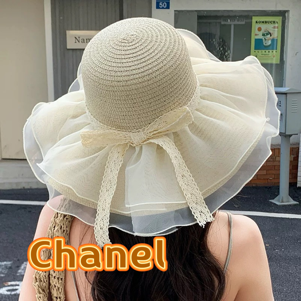  Chanel香奈儿新款纯色网纱遮阳帽户外海边度假防晒帽蕾丝飘带草帽太阳帽女