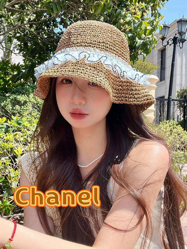  chanel香奈儿蝴蝶结蕾丝边草帽女夏季镂空ins风防晒渔夫帽海边沙滩遮阳太阳帽
