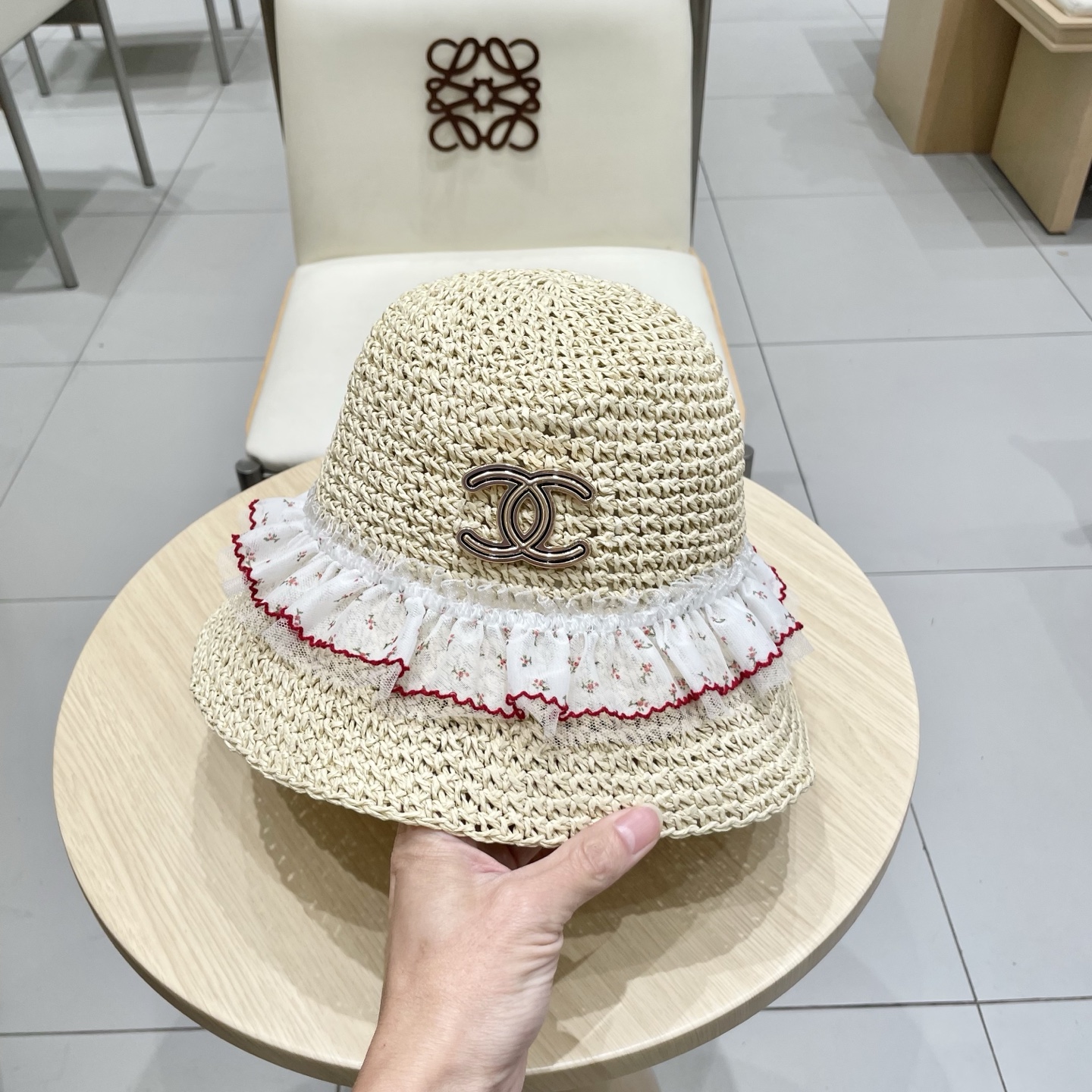  chanel香奈儿蝴蝶结蕾丝边草帽女夏季镂空ins风防晒渔夫帽海边沙滩遮阳太阳帽