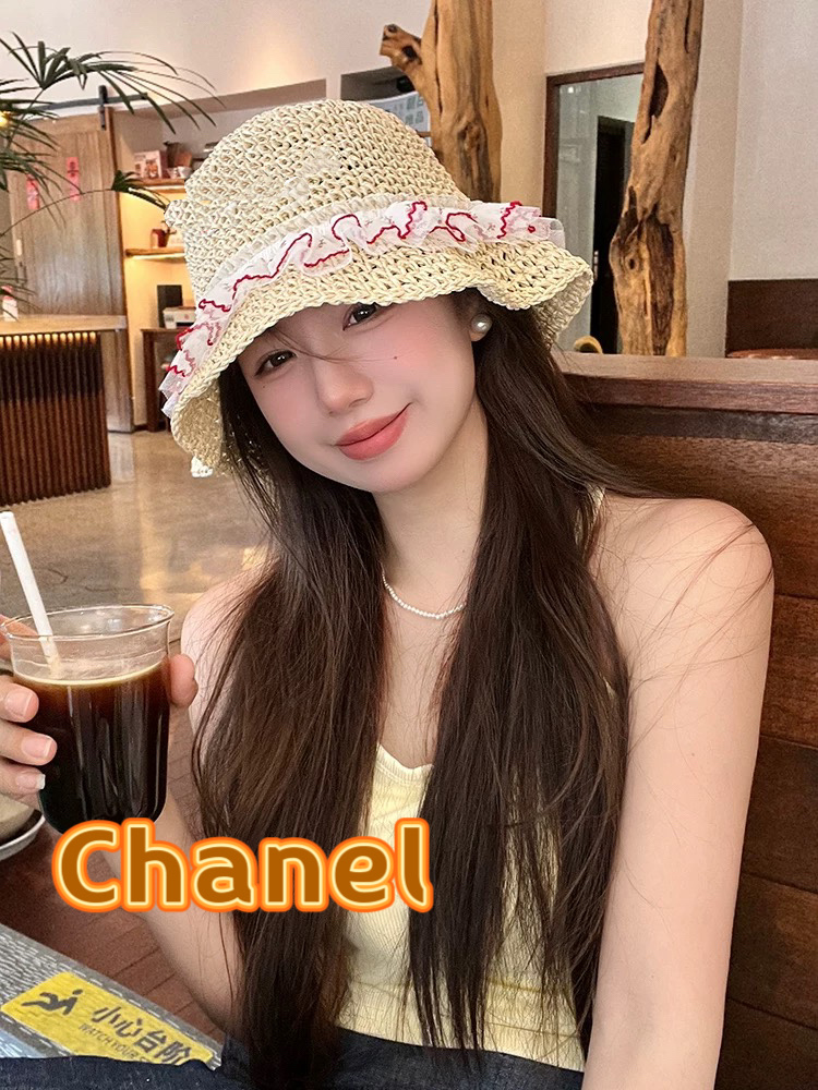  chanel香奈儿蝴蝶结蕾丝边草帽女夏季镂空ins风防晒渔夫帽海边沙滩遮阳太阳帽