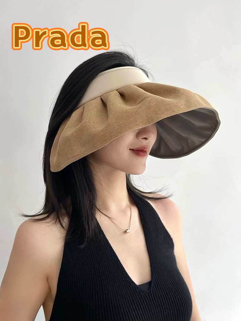  PRADA普拉达大帽檐贝壳帽夏季双层防晒帽空顶帽可折叠遮阳帽出游草帽女
