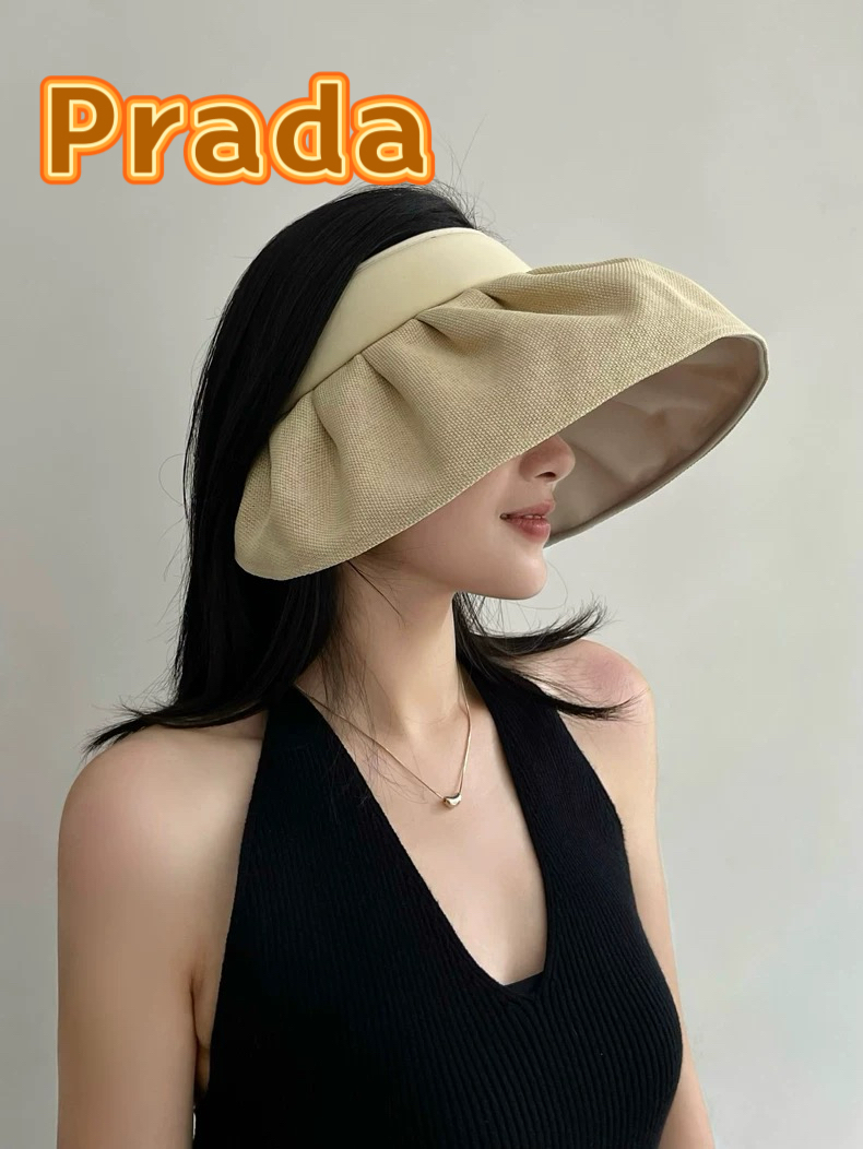  PRADA普拉达大帽檐贝壳帽夏季双层防晒帽空顶帽可折叠遮阳帽出游草帽女