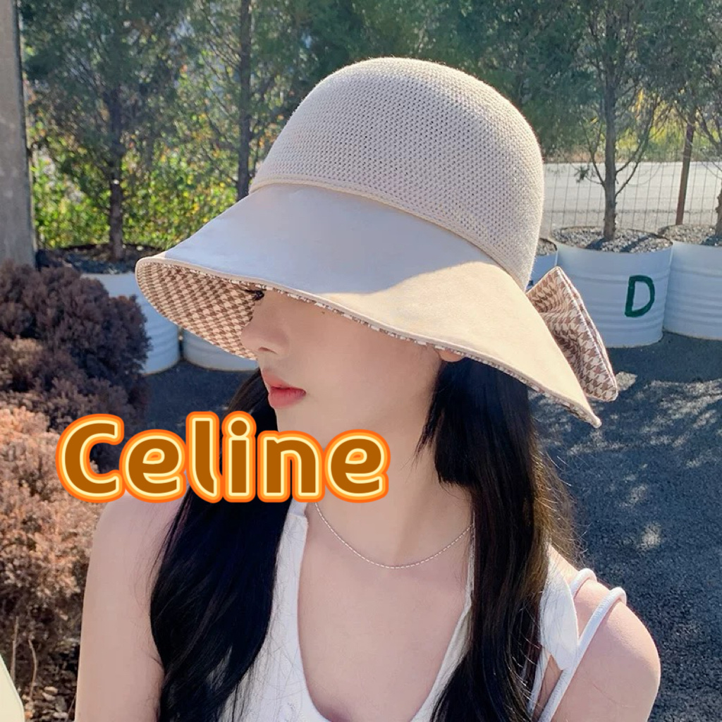  celine塞琳千鸟格蝴蝶结防晒紫外线渔夫帽女大帽檐遮脸遮阳帽夏季太阳帽