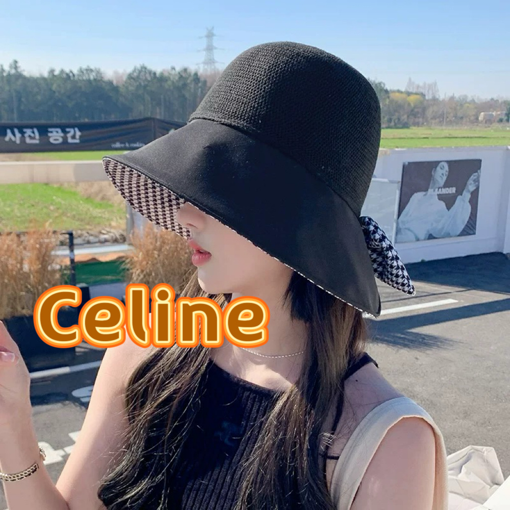  celine塞琳千鸟格蝴蝶结防晒紫外线渔夫帽女大帽檐遮脸遮阳帽夏季太阳帽