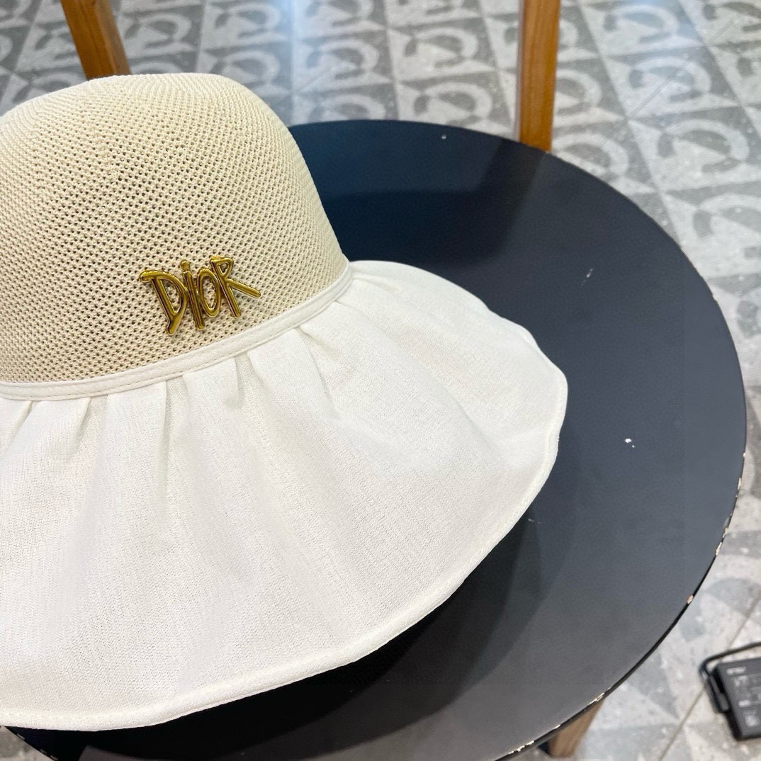   迪奥dior防紫外线超大帽檐蝴蝶结可收纳遮阳帽子女士透气遮脸出游防晒草帽