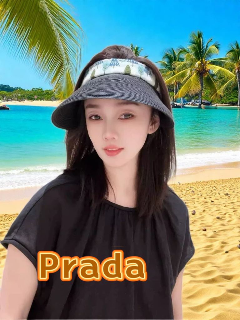  Prada普拉达女士款春夏遮阳纸草空顶帽大帽檐遮阳防晒可折叠扎马尾百搭显脸小