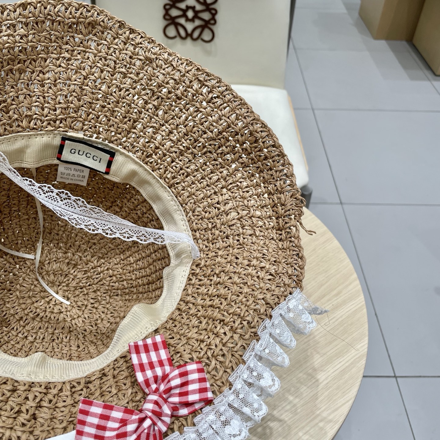 gucci古奇 2025新款蝴蝶结蕾丝花边翻檐草帽女夏季海边大帽檐防晒遮阳沙滩帽