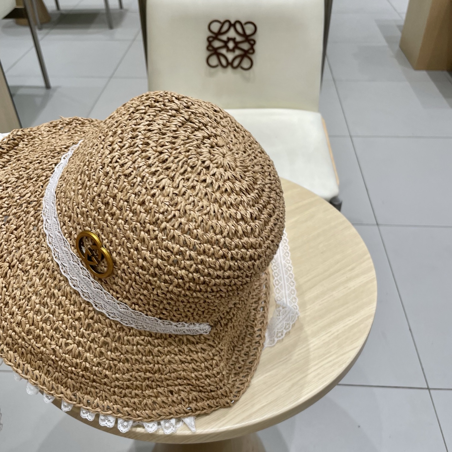 gucci古奇 2025新款蝴蝶结蕾丝花边翻檐草帽女夏季海边大帽檐防晒遮阳沙滩帽