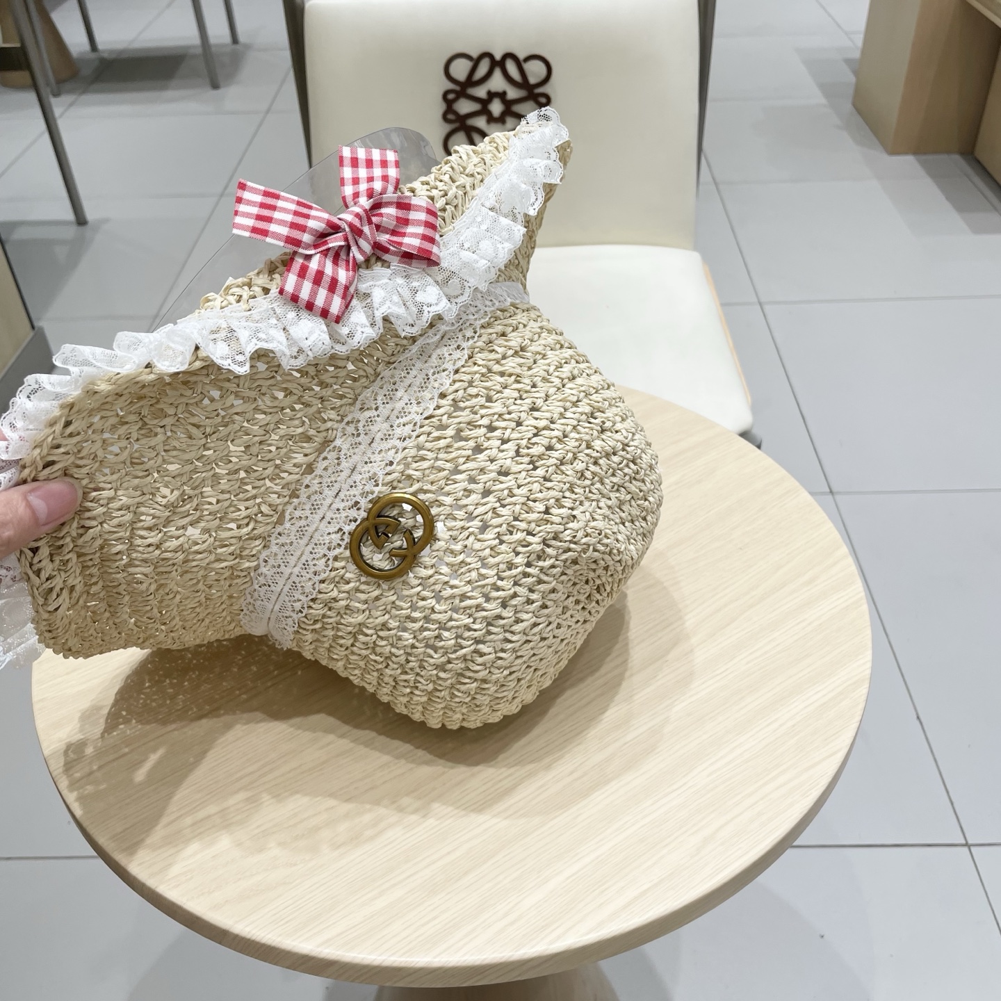 gucci古奇 2025新款蝴蝶结蕾丝花边翻檐草帽女夏季海边大帽檐防晒遮阳沙滩帽