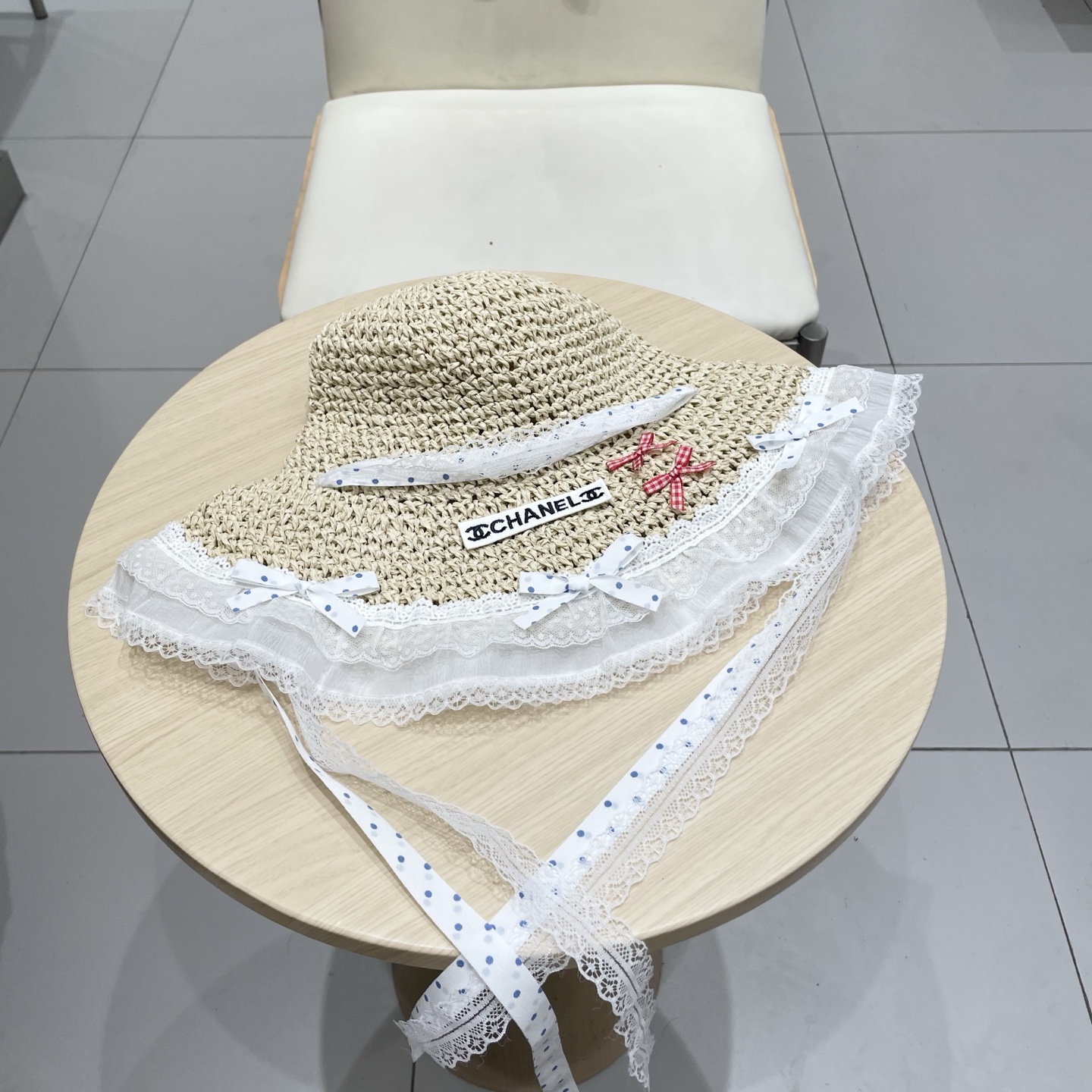  Chanel香奈儿甜美可爱蕾丝花边草帽女夏季大帽檐镂空防晒帽度假海边沙滩太阳帽