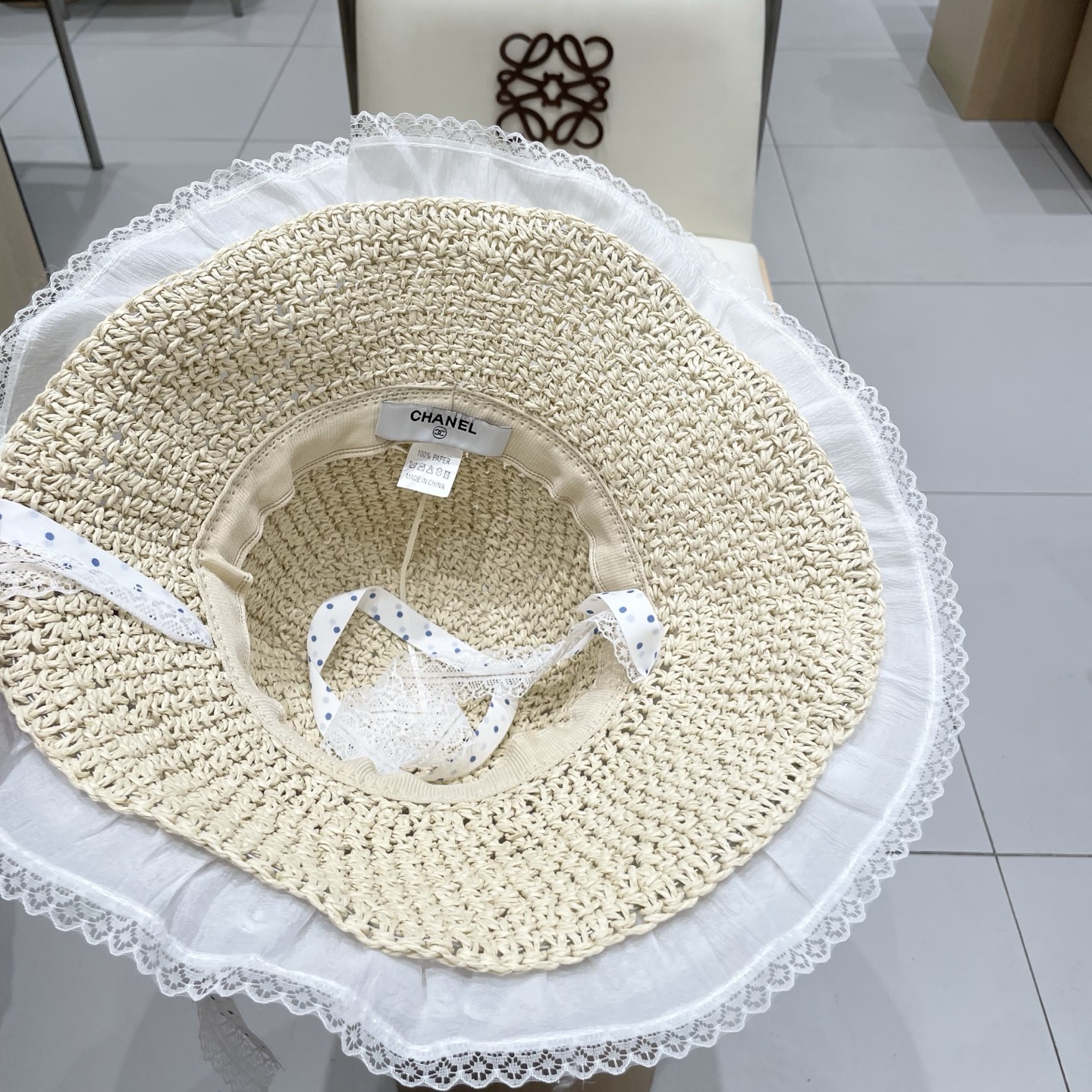  Chanel香奈儿甜美可爱蕾丝花边草帽女夏季大帽檐镂空防晒帽度假海边沙滩太阳帽